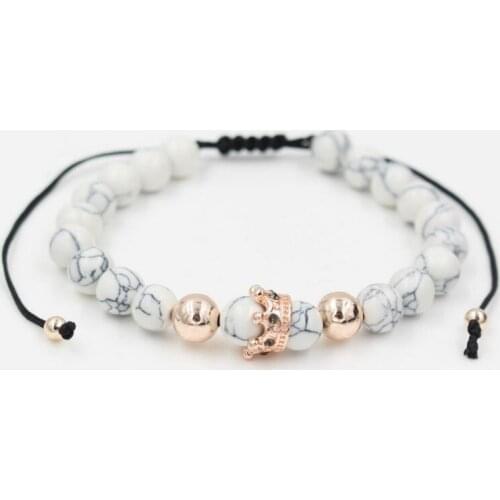 8mm rf2 gold silver micro pave cz zircon cubic zirconia Bracelet adjusted nature stone bead Crown white Howlite Bangles