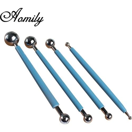 Aomily 4pcs/Set Plastic Stainless Steel Fondant Flower Ball Cake Decorating Carve Pottery Clay Shaping Tool Kitchen DIY Bakeware