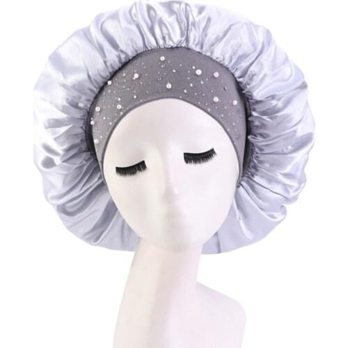 SpringAutumn Leisure Ladies Satin Nightcap Dome Hats Beaded Rhinestone Decoration Hairdressing Caps Large Night Hat Home Caps