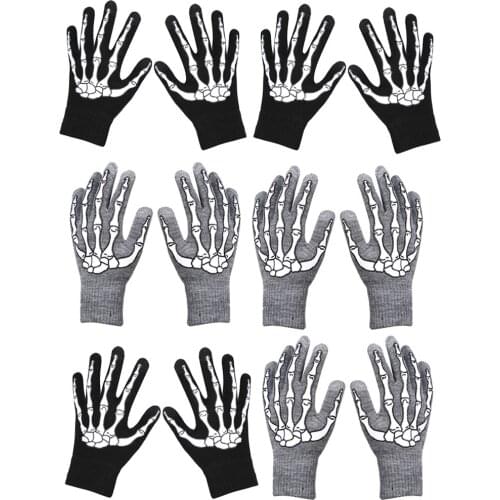Behogar 2 Pairs Unisex Skeleton Gloves Winter Warm Touch Screen Full Finger Gloves for Children Halloween Costume Cosplay