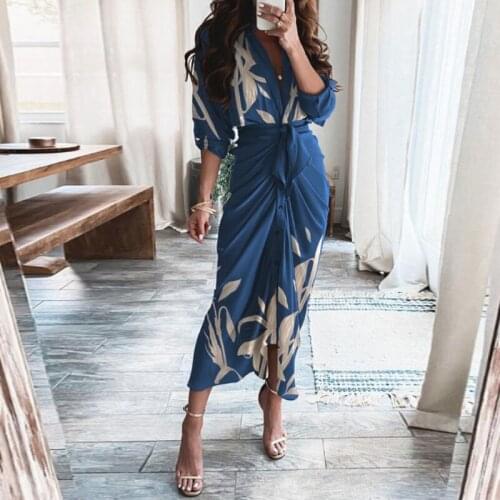 Retro Pattern Print Split Boho Long Dress Spring Turn-down Collar Single Breasted Party Dress Autumn Long Sleeve Maxi Dress Belt