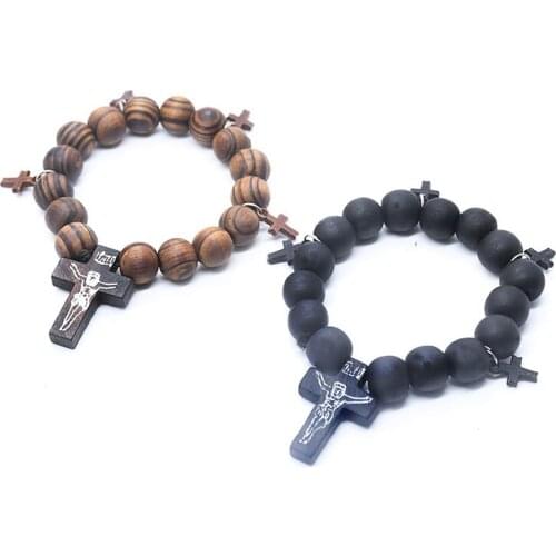 Mens Christian Jesus Cross Bracelets Elastic Black/Brown Wooden Beads Chain Bracelet Church Religious Car Hangings Jewelry