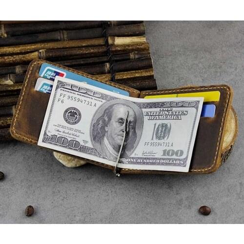 Hot Sale Fashion New Slim Men Money Clips Crazy horse Cowhide Brown card Wallet Genuine Leather cash Money With Zipper Pocket