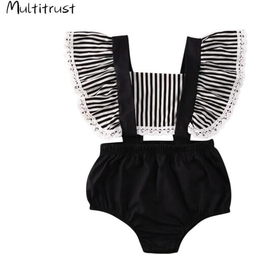 Multitrust 0-24M Newborn Infant Baby Girls Striped Ruffles Bodysuits Summer Short Sleeve Black Jumpsuits Outfits