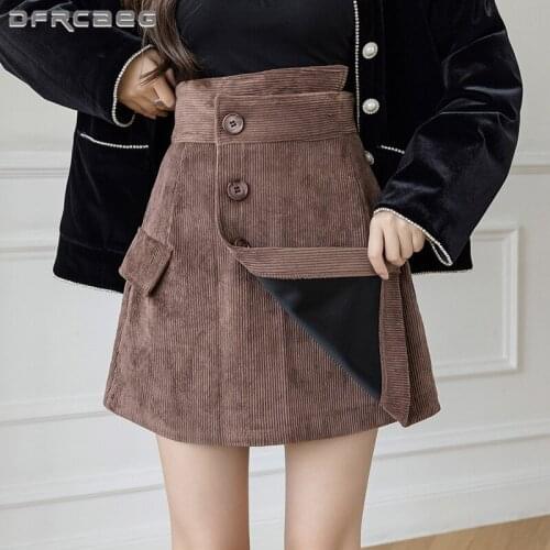 High Waist Irregular Short Corduroy Skirts Womens 2021 Autumn Winter Casual Button A-Line Mini Skirt Female