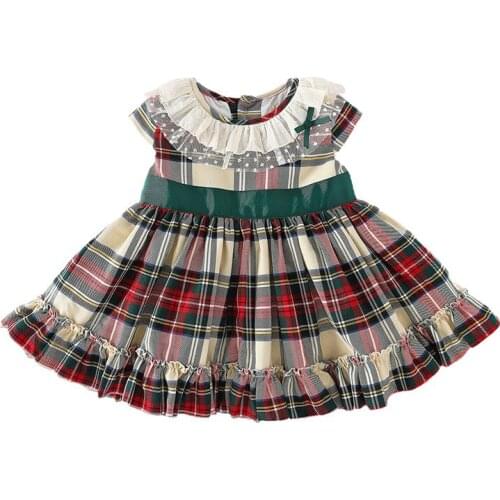 Summer Baby Girls Plaid Lace Collar Short-Sleeved Dress