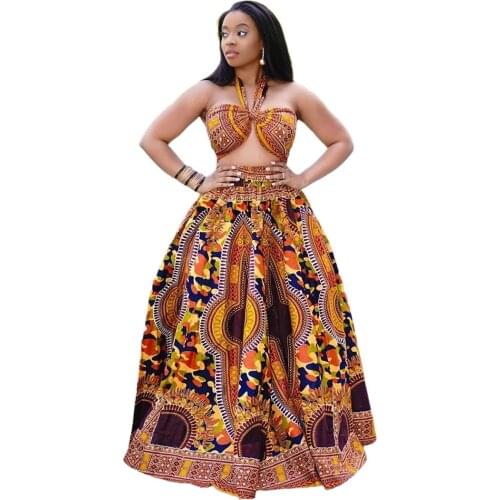 Hot-Selling Ethnic Print Big Hem Womens Summer Two-Piece Long Skirt Suit 2021 High Waist Sexy Halter Top Ladies African Dress