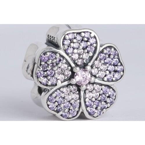 New 925 sterling silver pave primrose charms with pink & purple cz beads Fit Original Pandora Charms Bracelet jewelry HH063