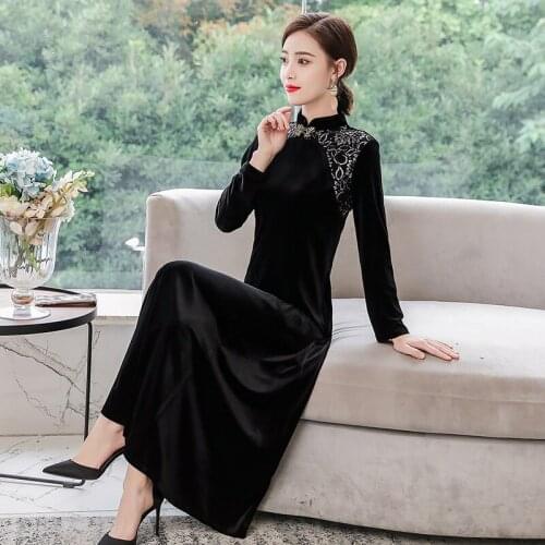 Fall Winter Chinese Style Womens Lace Patchwork Wine Red Black Velvet Cheongsam Dress , Female Woman Slim Velour Dresses