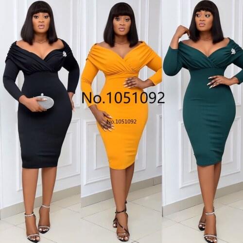 Autumn Elegent African Women Solid Color 2020 Knee-length Dress African Clothing American Clothing African Dresses for Women