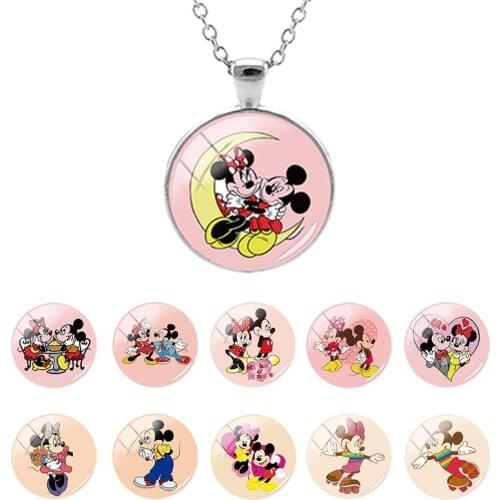 Disney Mickey Mouse Couple Mickey,Minnie 25mm Glass Dome Pendant Necklace Cute Necklace for Girls Gift Cabochon Jewelry MIK01-25