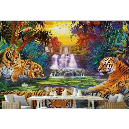 Custom photo wallpaper 3d wall mural wallpaper Mediterranean tropical forest waterfall king tiger parrot background wall papers