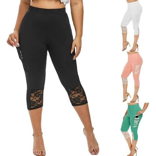 3/4 Cropped Trousers Running Pants Women Slim Fitness Sweatpants Capri Pants Lace Stitching Leggings Tight Yoga Pants for Sports