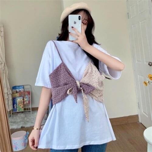 Female Korean Harajuku Loose Casual Lazy Fake Two-piece Tshirt Womens T-shirts Tops Japanese Kawaii Ulzzang Clothes For Women