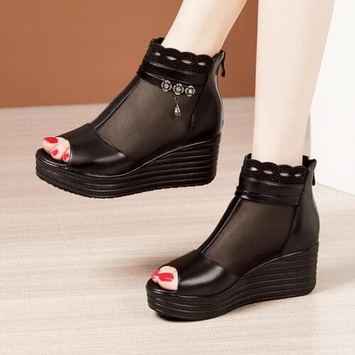 Small Plus Size 33-43 Open Head Platform Wedges Shoes Summer 2021 Breathable Mesh Medium Heel Boots Women OL Office Footwear