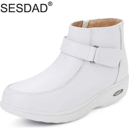 Women Genuine Leather Ankle Boots Fashion Round Toe Side Ziper Ankle Strap Warm Boots For Women Nurse Winter Work White Shoes