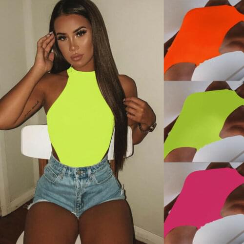 Women Ladies Sexy Sleeveless Solid Color High Cut Slim Skinny Bodycon Club Beach Fashion Halter Bodysuits Leotard