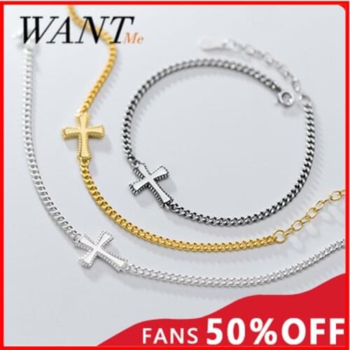 WANTME Vintage Ethnic Mens Cross Cuban Link Chain Bracelet for Women Punk Genuine 925 Sterling Silver Hip Hop Party Jewelry