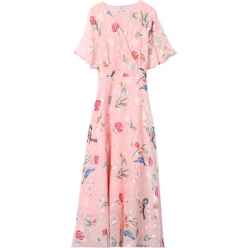 2019 Summer New Fashion 5XL Large Size Womens Chiffon Dress Korean Simple Long Paragraph Short Sleeved Floral Large Dress L295