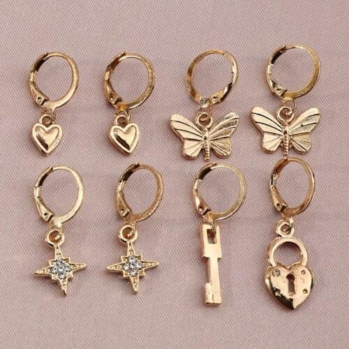 90s Aesthetic Heart Lock Key Butterfly Earrings for Women Metal Punk Cool Shiny Crystal Earring Charms Y2K Jewelry New Wholesale