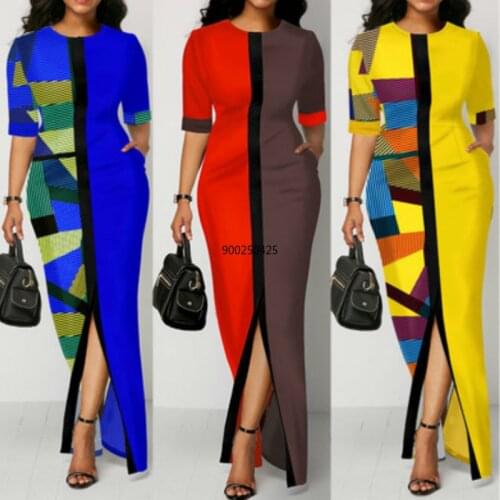 African Fashion Dashiki Print Patchwork Dress Women Clothes Pocket Ladies Bazin Nigerian Ankara Dress Split Long Robe Plus Size