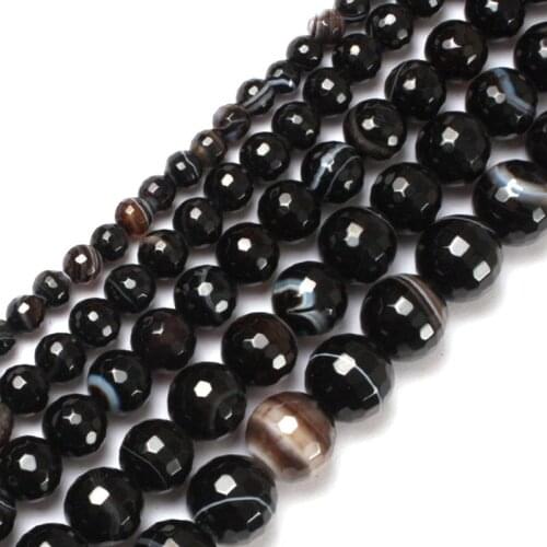 6-14mm Natural Round Faceted Stripe Black Agates Carnelian Onyx Beads For Jewelry Making beads 15'' Needlework DIY Beads Trinket