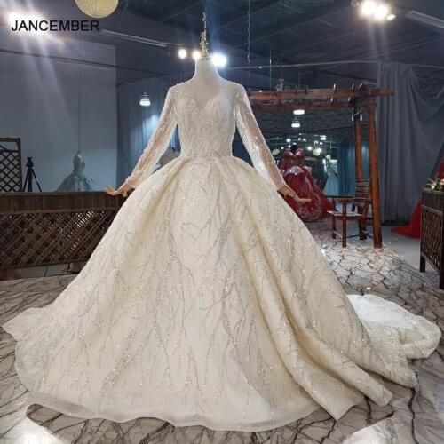 HTL1920 Luxurious Beautiful Sequined Beading Wedding Dress 2020 Long Sleeve Applique Ball Gowns Crystal Deep V-Neck