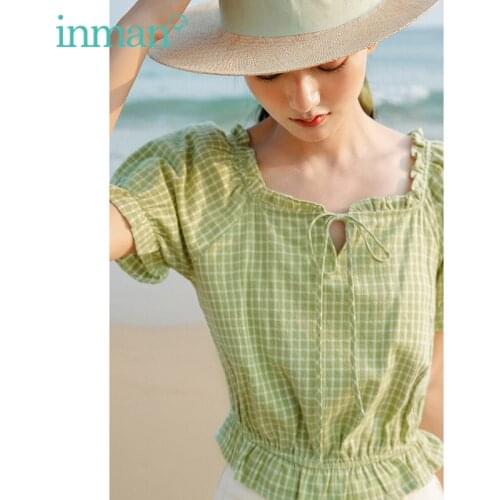INMAN X-Shape Blouse Women Tunics Green Or Yellow Elegant Girl Plaid Lotus Short Sleeve Square Bow Tie Collar Elastic Wasit Tops