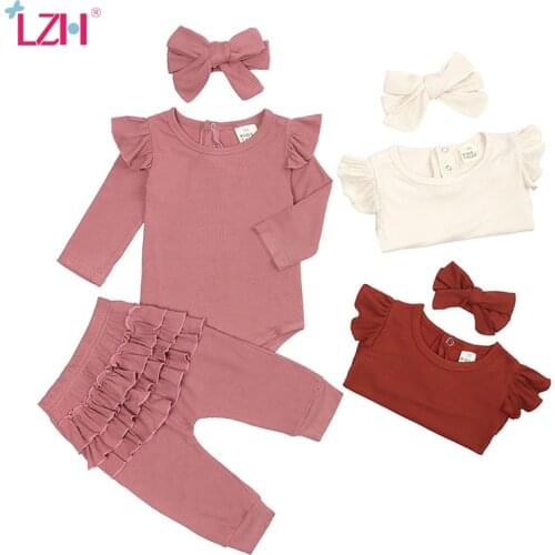 LZH Autumn Long-Sleeved Romper Pleated Lace Trousers 2Pcs Suits New Newborn Baby Girls Clothes Set For Kids 0-2 Years Baby Suit