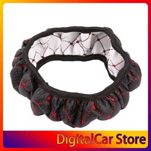 Korean Plaid Car Fiber Leather Embroidery Elastic Skidproof Stretch-On Auto Steering Wheel Cover With Needle Hole