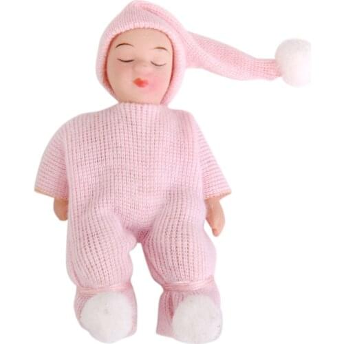 Dollhouse Miniature Porcelain Dolls Cute Sleeping Baby in Pink Sweater Classic Pretend Play Baby Dolls Toys Creative Gifts