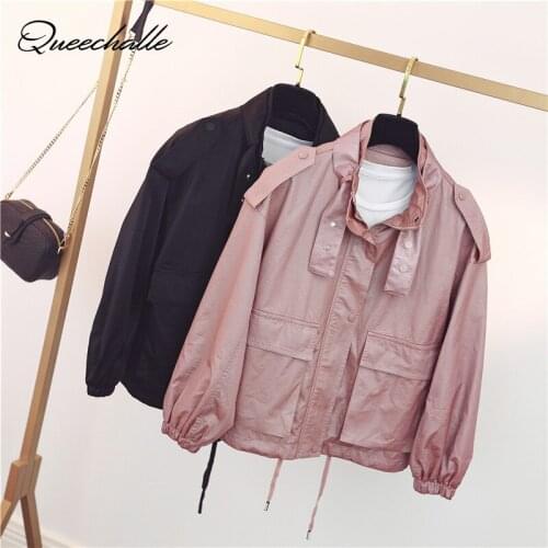 Faux Leather Coat Women Pink Windbreaker Autumn 2020 Streetwear Black Fashion Womens Leather Jacket Loose Female Casual Outwear