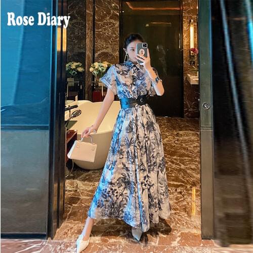 Fashion Runway Jungle Ink Printed Mid-Length Lace-Up Belt Shirt Casual Dress 2021 Summer Women Short Raglan Sleeve Elegant Dress