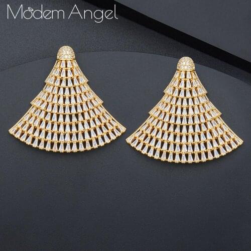 ModemAngel fan shape Full Mirco Paved Micro Zirconia Women Bridal Dress Wedding Everyday Drop Earring Fashion Jewelry