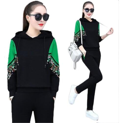 2021 Fashion Sports Suit Women Casual Two-piece suit NEW Youth Printing Sportswear Spring and Autumn Hooded Bat Sleeves 50