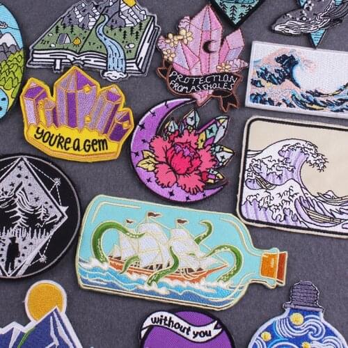 DIY Crystal Patch Sea Wave Embroidered Patches On Clothes Mountain Adventure Camping Patch Iron On Patches For Clothing Stripes
