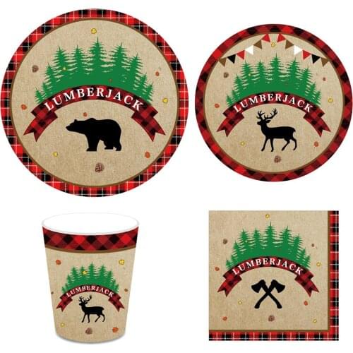 Lumberjack Theme Disposable Tableware Forest Animal Axe Silhouette Plates Napkins Cups Party Decorations Sets Party Favors