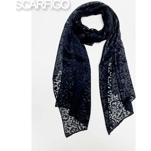 SCARFIGO Black Lace Embroidered Silk Scarves For Women Spring Summer Shawls Hijab Stoles Beach Towel Scarf