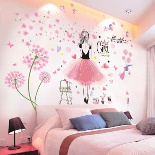[shijuekongjian] Pink Dandelion Flowers Wall Sticker DIY Cartoon Girl Wall Decals for Kids Bedroom Baby Room House Decoration