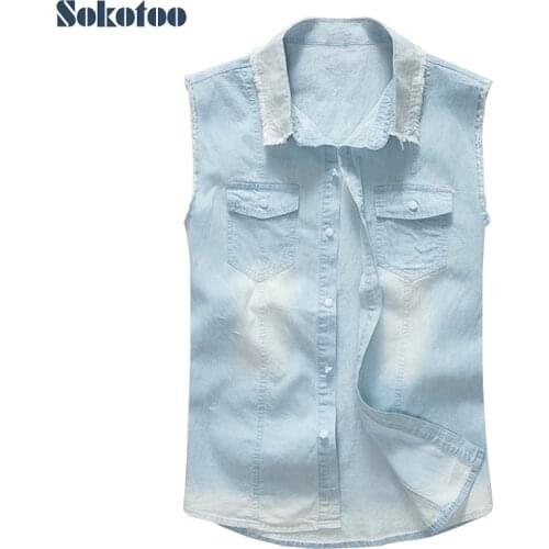 Sokotoo Mens light pale blue lightweight thin denim vest Slim sleeveless casual cotton shirt Tank top