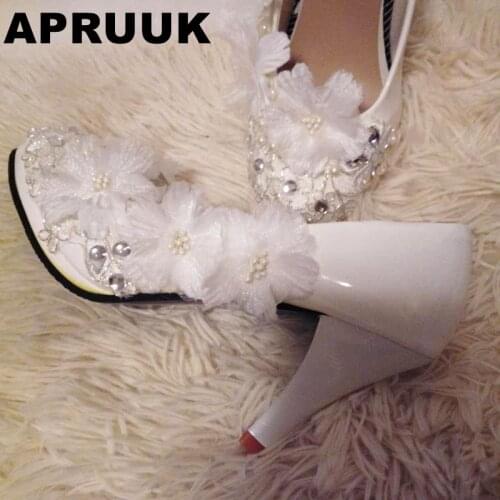 HIgh heeled platforms fashion white lace wedding shoes women flowers handmade brides pumps shoe lady proms dress shoes
