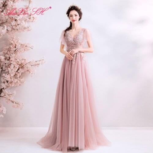 AnXin SH Spring pink flower lace evening dress luxury Korean pink lace beading v neck beach sexy pink evening dress 1018