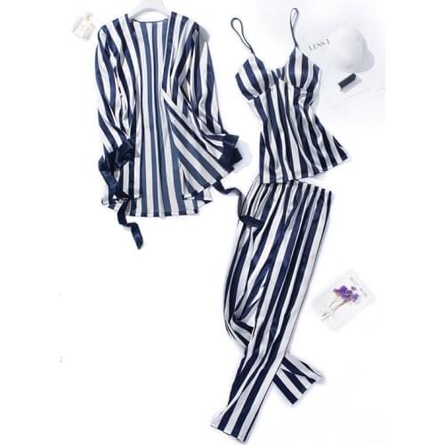 Striped satin pajamas ladies three-piece spring and autumn simulation silk sexy high-grade strap nightdress robe suit and pants