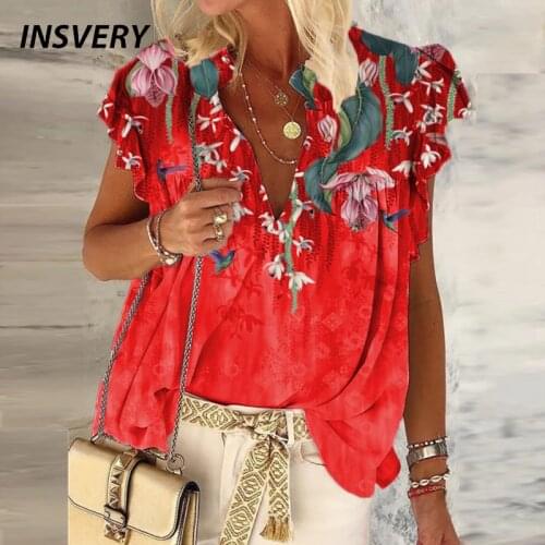 Women Summer T-shirt Ruffle Sleeve Office Ladies T Shirt Women Elegant V Neck Floral Print Shirts Loose Tops Plus Size 2021