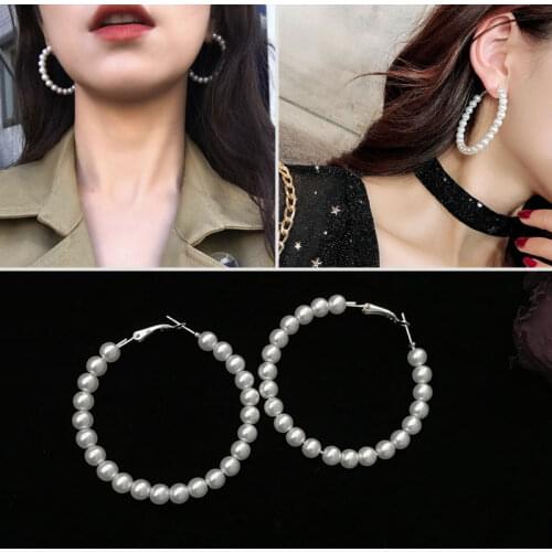 Women Elegant White Simulated Pearls Statement Earrings Big Small Pearl Circle Round Metal Gold Hoop Earrings Jewelry Accessory