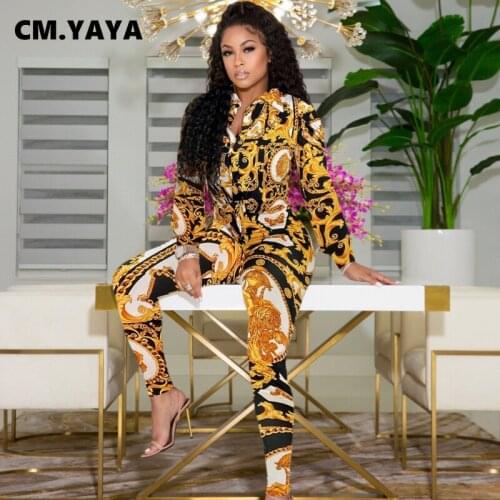 CM.YAYA Women Set Print Full Sleeve Single Breasted Shirts Top Skinny Pencil Pants Two 2 Piece Sets Casual Tracksuit Outfit Fall