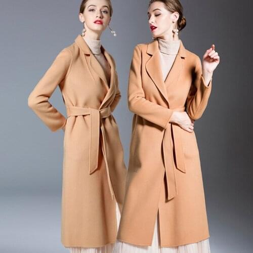 Long woolen blends cashmere coats for women 2019 autumn winter ladies jackets plus size overcoat double sided beige belt casual