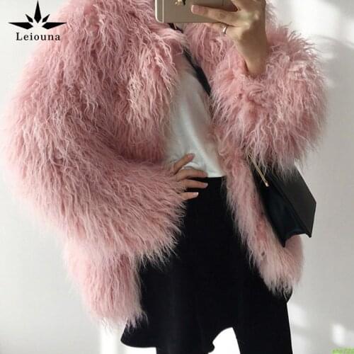 Leiouna autumn winter new Faux fur coats female pink fashionable was thin long hair wool Hairy fur coat parkas Women Top