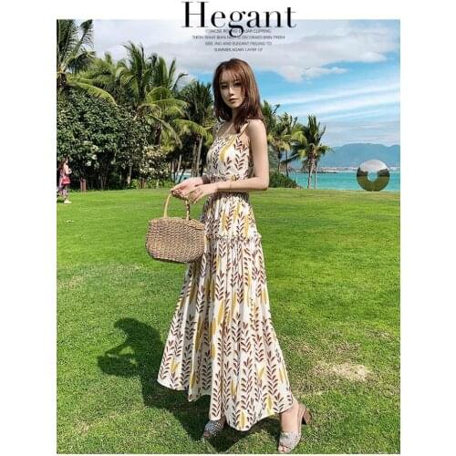 Womens Sling Dress Floral Printed Backless SleevelessThick Shoulder Strap High Waist Slim Style Long Dress for Summer HSJ88