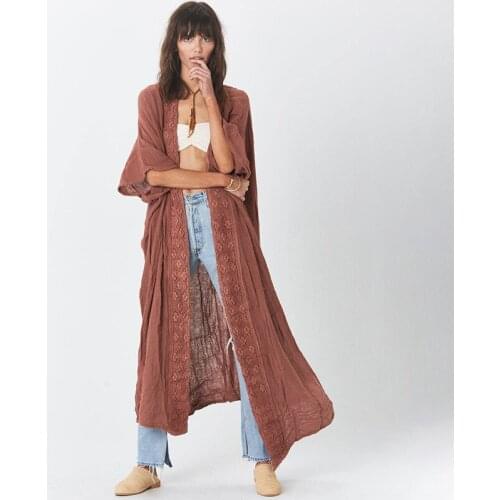 Happie Queens women solid long sleeve beach loose fancy lace Bohemian maxi dress Ladies v-neck rayon Boho kimono vestidos